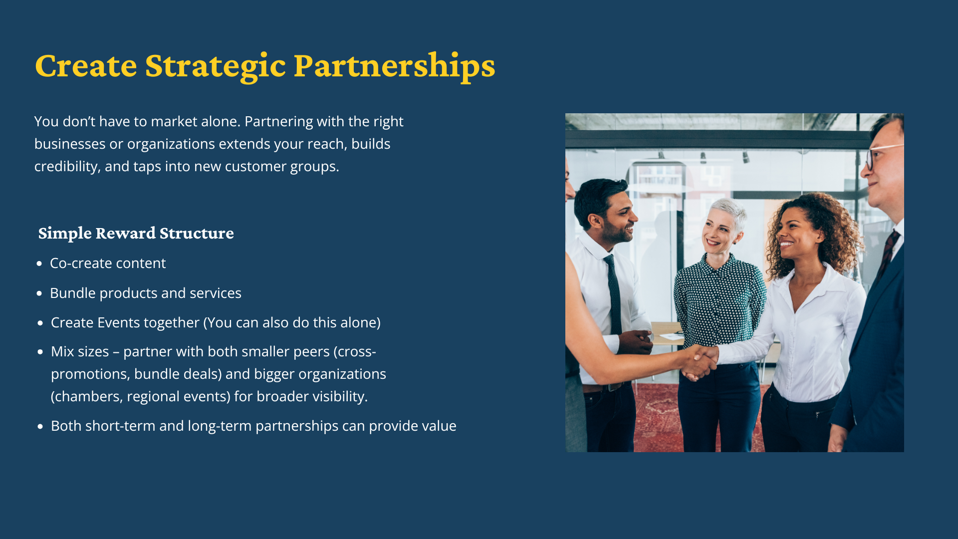 Business professionals of diverse backgrounds shake hands and smile in a modern office, symbolizing partnership. On the left, text explains creating strategic partnerships and simple reward structures for businesses.