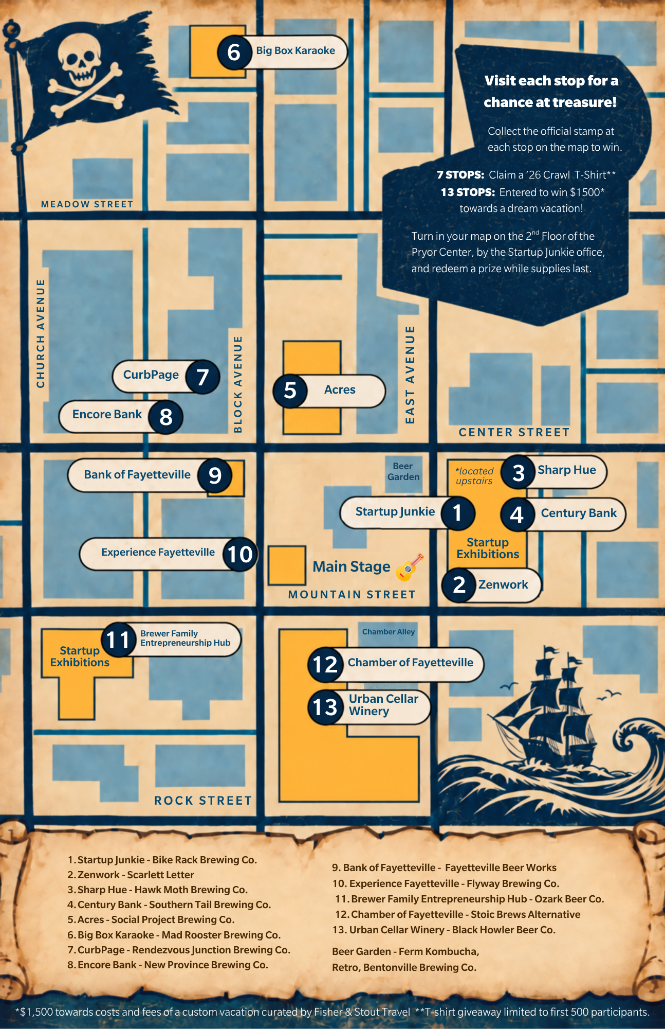 Map with numbered stops for a treasure hunt event in Fayettevilles downtown, pirate-themed with icons for music, drinks, and exhibition stops. Includes directions, a prize note, and pirate graphics on the corners.