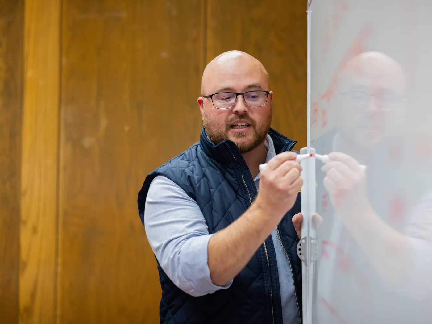 Startup Junkie consultant works through a plan at the whiteboard
