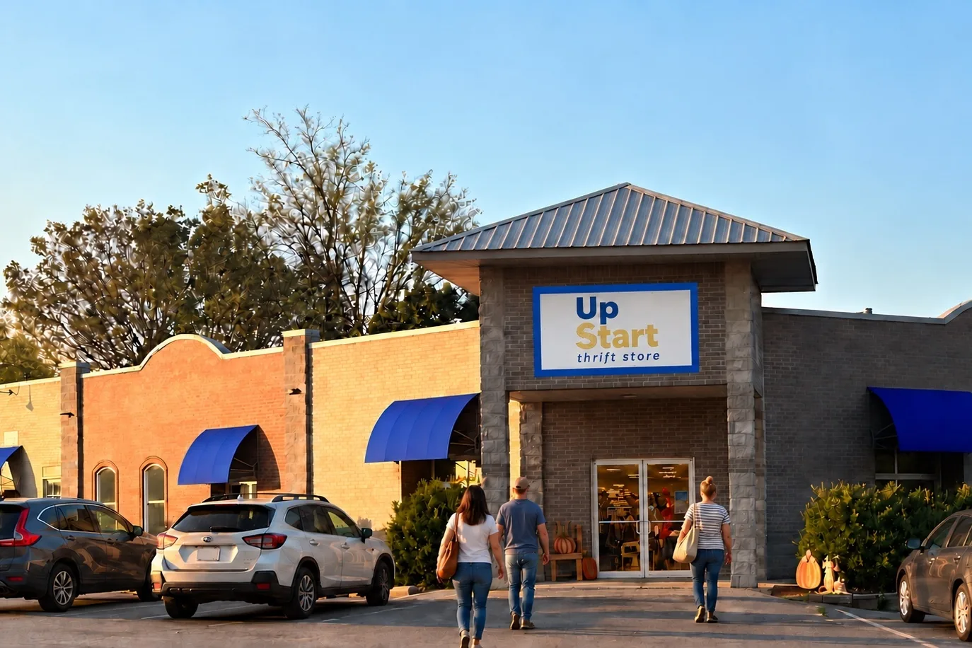 UpStart Thrift Store exterior at golden hour, Farmington, 2026